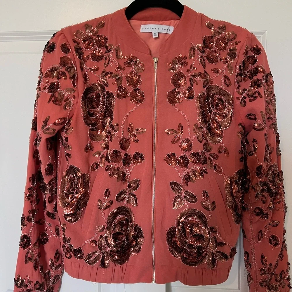 Endless Rose Coral Bomber Jacket with Sequin Floral Print - Picture 1 of 3